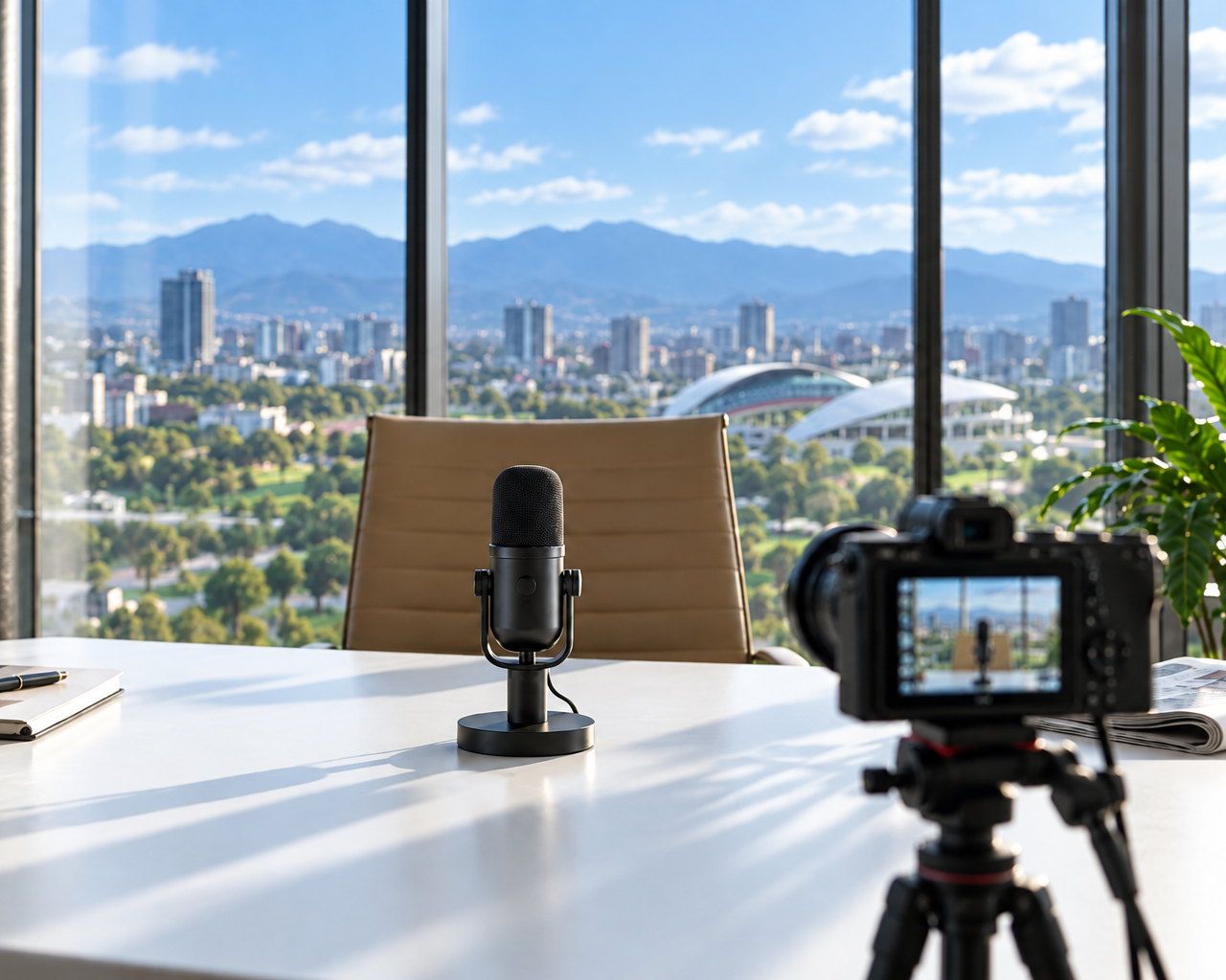 Sala de prensa con micrófono y cámara listos para una entrevista, con vista a San José