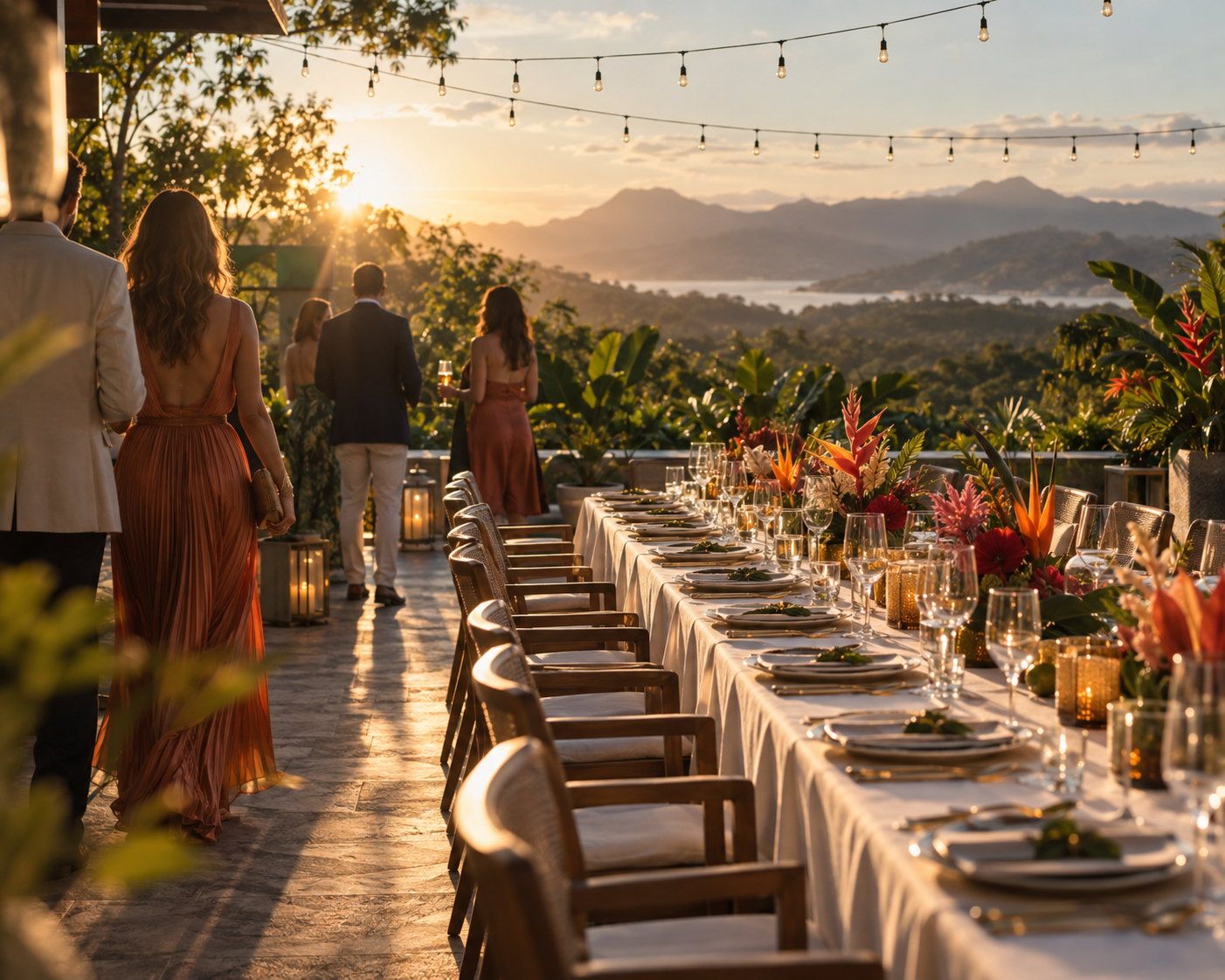 Cena corporativa al atardecer en una terraza con vista al mar en Costa Rica